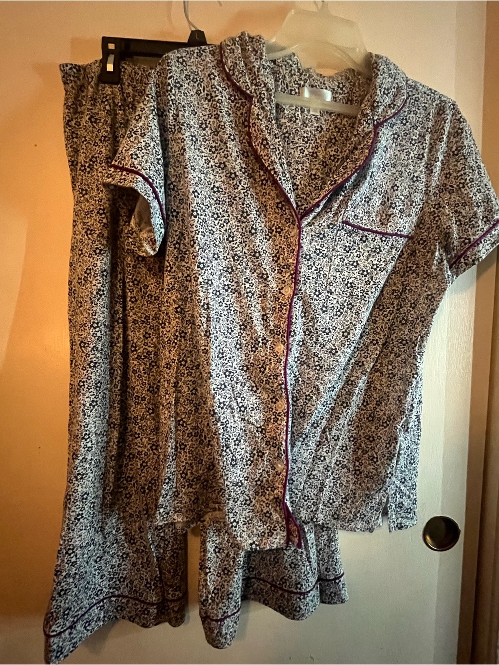 Secret Treasures White Floral Short-Sleeve Pajama Set with Navy Trim